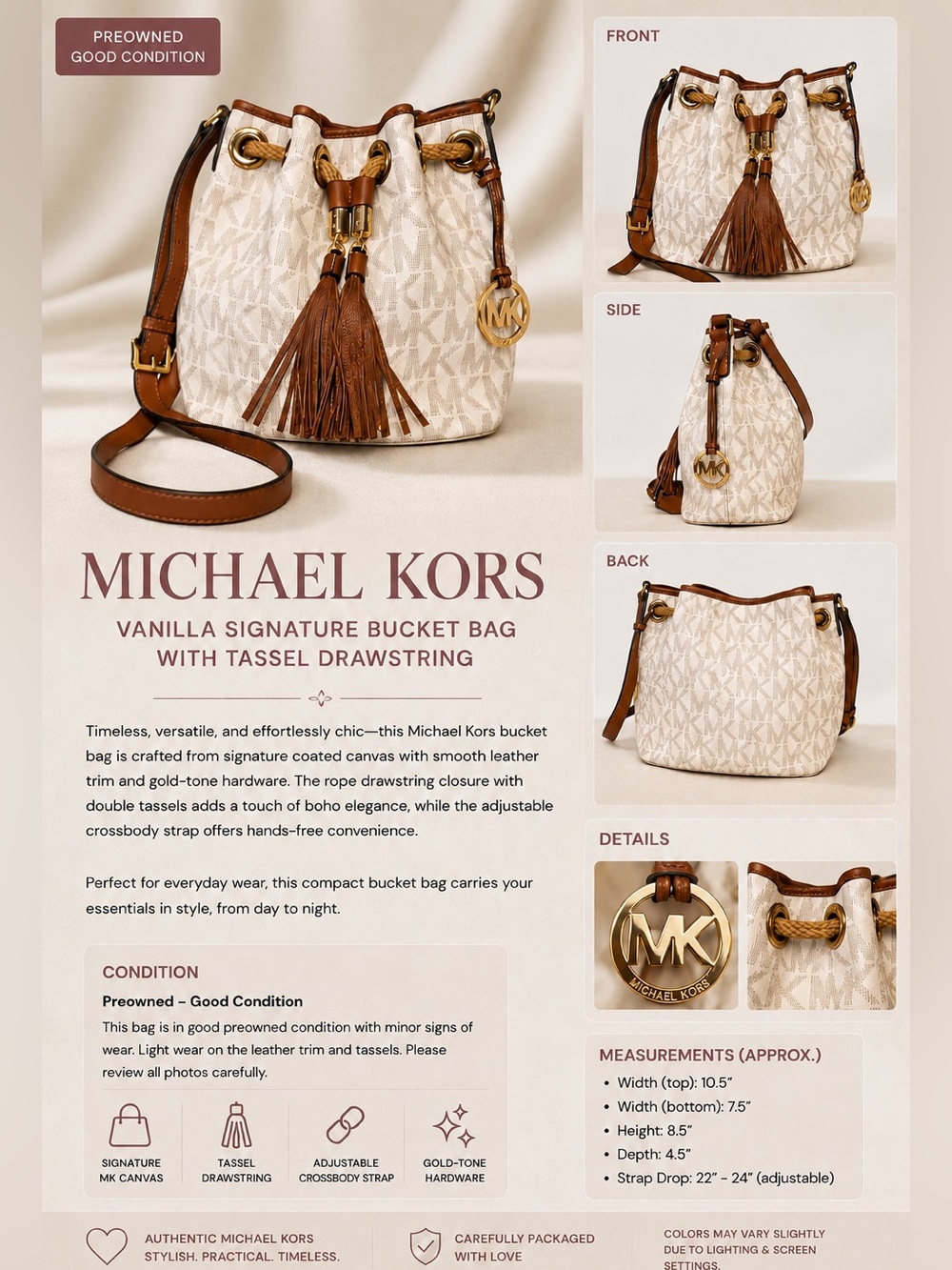 Michael Kors Bucket Bag Vanilla rope drawstring magnetic snap & tassels.